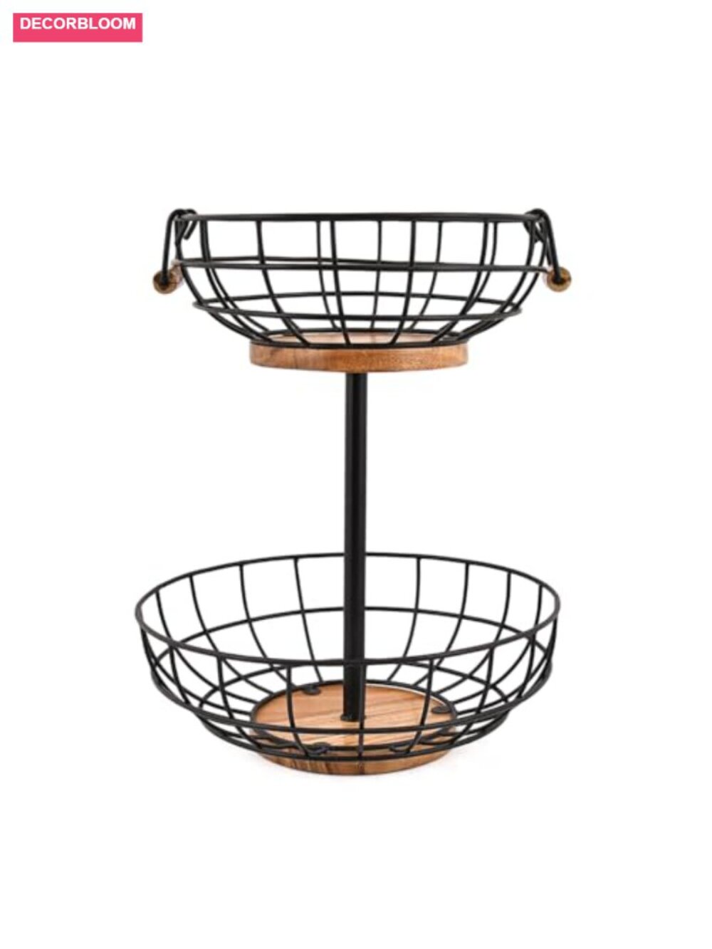 2-Tier Fruit Basket with Acacia Wood Base Heavy-Duty Wire Holder Kitchen